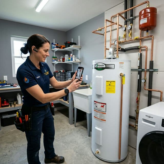 Plumbing technician documenting their work with FieldReel