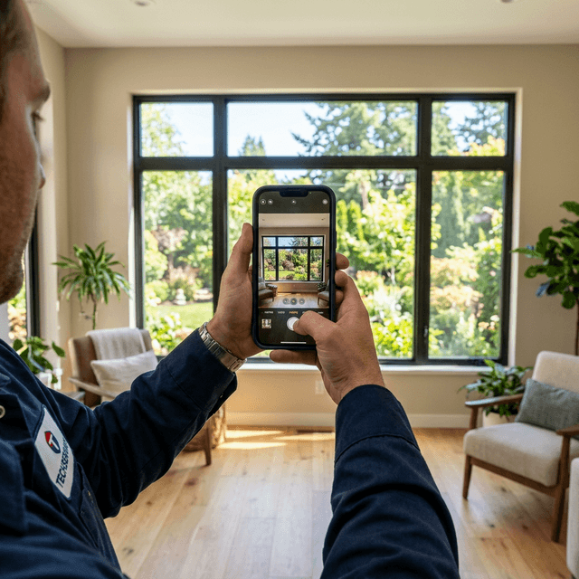 Over-the-shoulder view of a technician photographing a new window installation